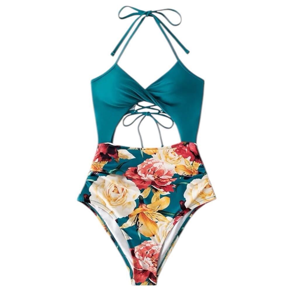 New CUPSHE Small Teal Floral Halter one piece Swimsuit Boho Sexy Girl Beach